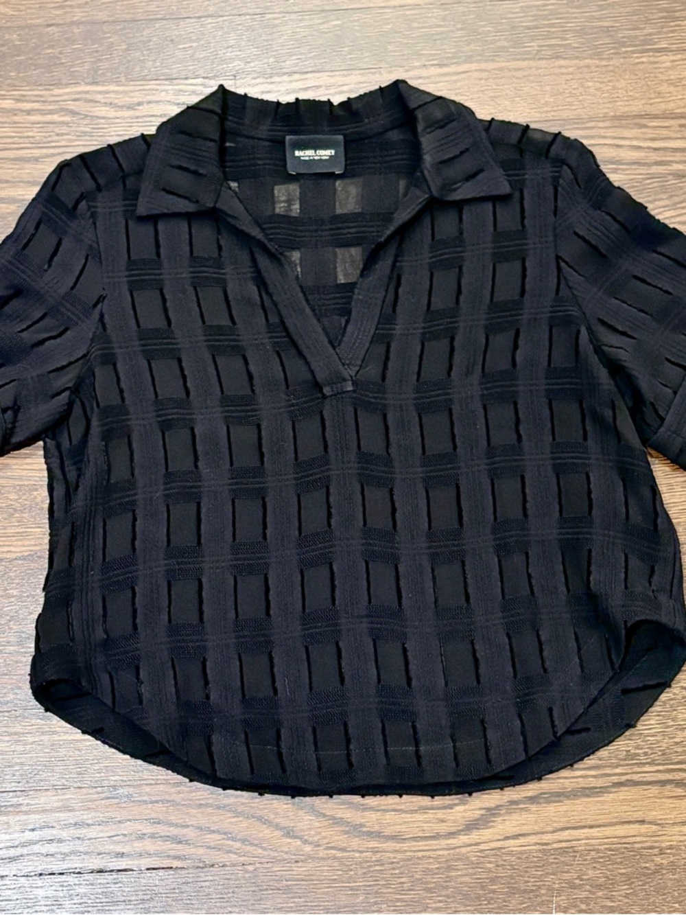 Rachel Comey Black Semi-Sheer Grid V-Neck Blouse